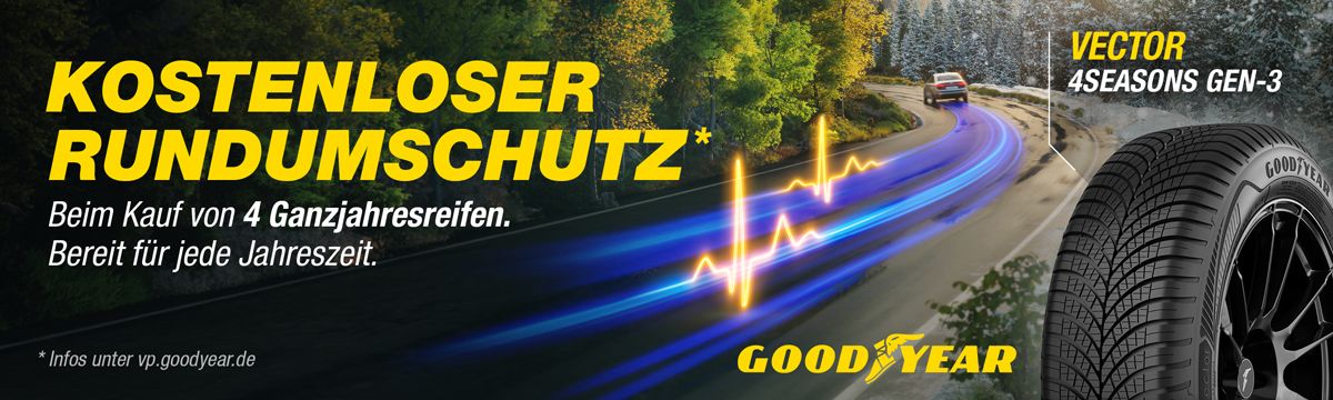 Hinweis auf eine Goodyear Aktion: "Kostenloser Rundumschutz beim Kauf 4 Ganzjahresreifen."